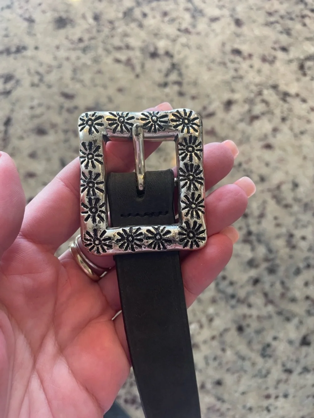 Express Black Leather Belt with Floral Silver Buckle